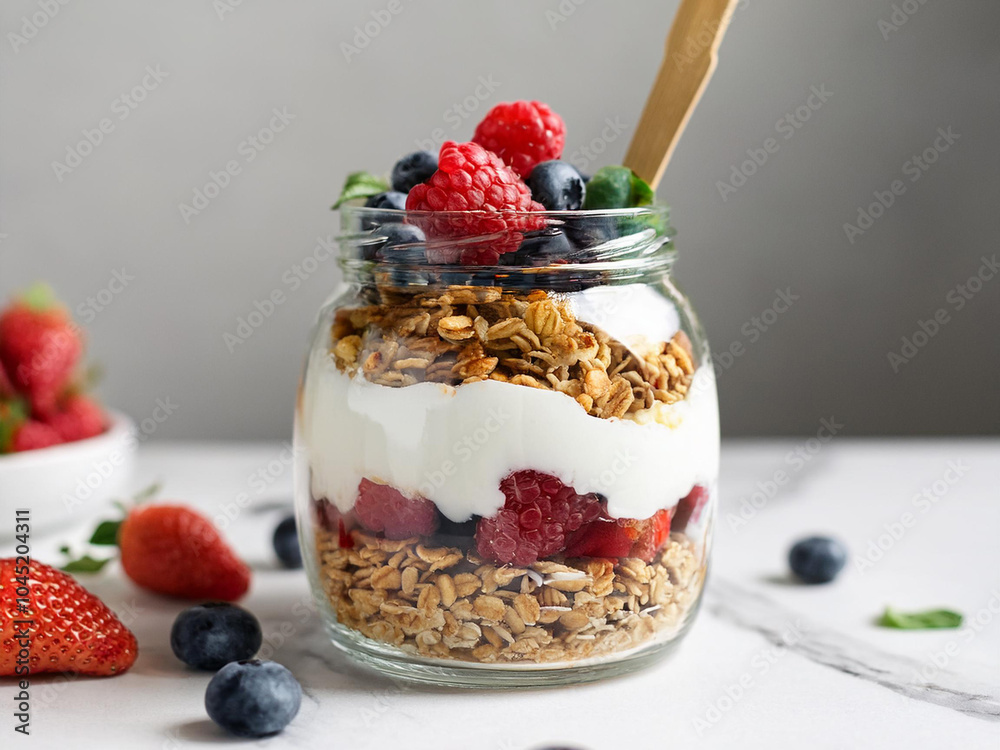 Clear glass jar filled with coconut yogurt, fresh berries, granola, and maple syrup, set on a minimalist marble surface ai. Clear glass jar filled with coconut yogurt, fresh berries, granola, and maple syrup, set on a minimalist marble surface ai.