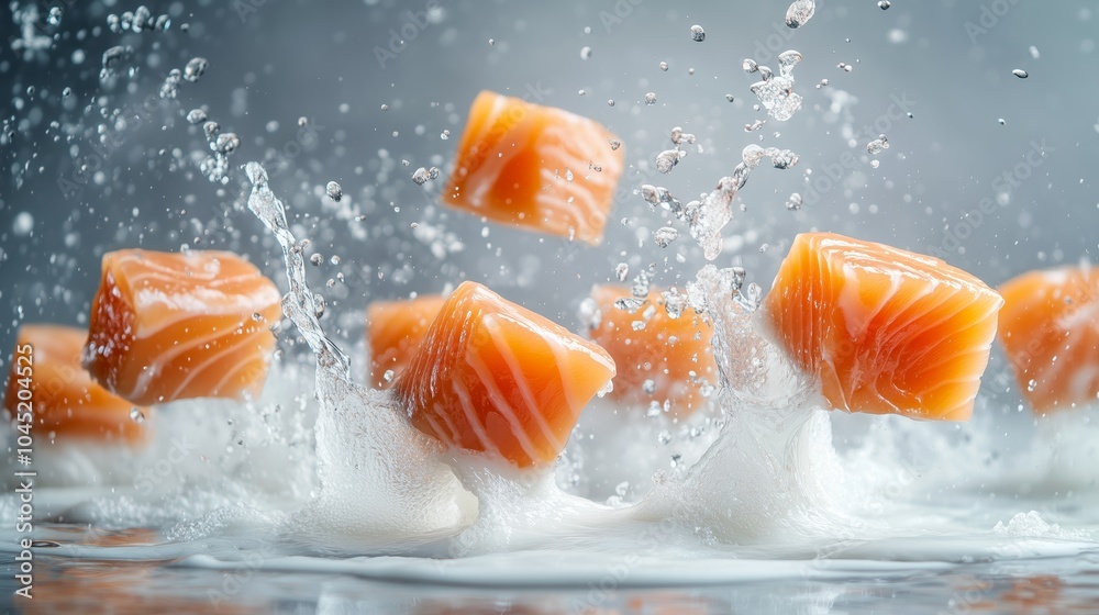 Salmon cubes splashing in milk with dramatic liquid motion Salmon cubes splashing in milk with dramatic liquid motion