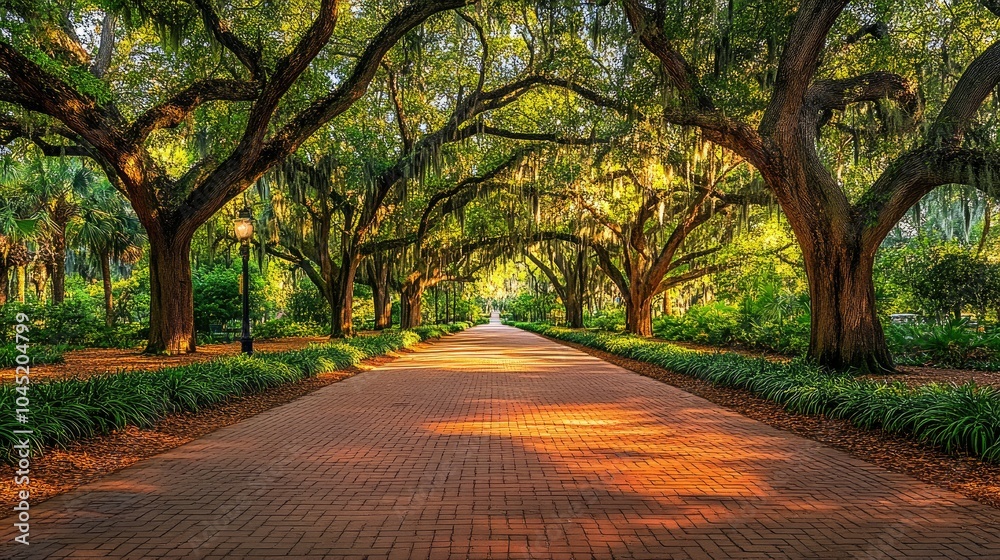 Scenic Brick Road Through Lush Greenery Scenic Brick Road Through Lush Greenery