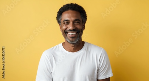 mixed race mature guy yellow background wearing plain white tshirt smiling happy portrait