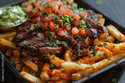 A plate of carne asada fries, with crispy French fries topped with grilled steak, melted cheese, guacamole, sour cream, and pico de gallo