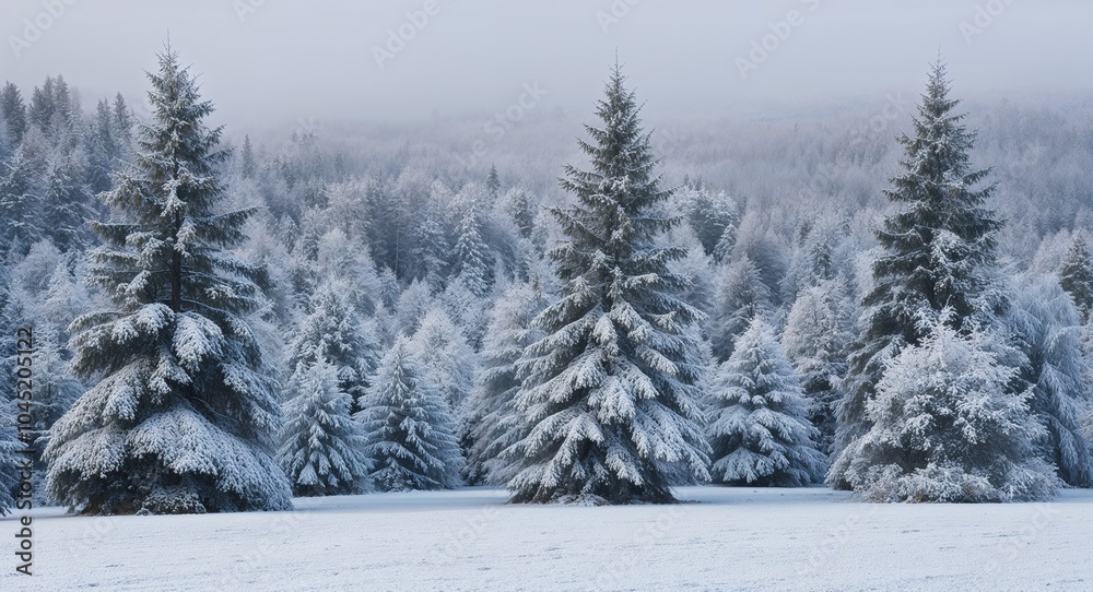 Frosty snow covered trees background dense evergreen trees covered in a blanket of snow Frosty snow covered trees background dense evergreen trees covered in a blanket of snow
