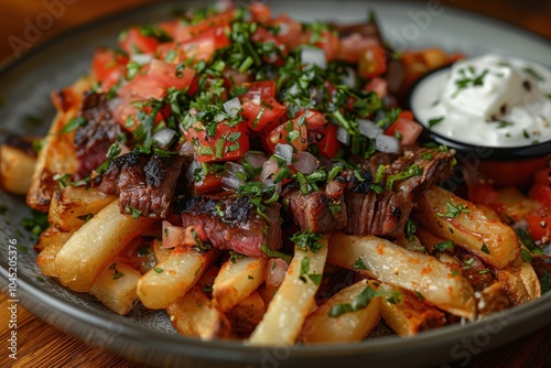 A plate of carne asada fries, with crispy French fries topped with grilled steak, melted cheese, guacamole, sour cream, and pico de gallo