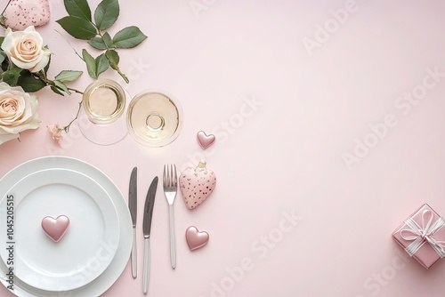 Special Valentine's Day dinner affair. Top view shot of plates, cutlery, hearts, roses, white wine, wine glass, present box on pastel pink background withgenerative ai photo