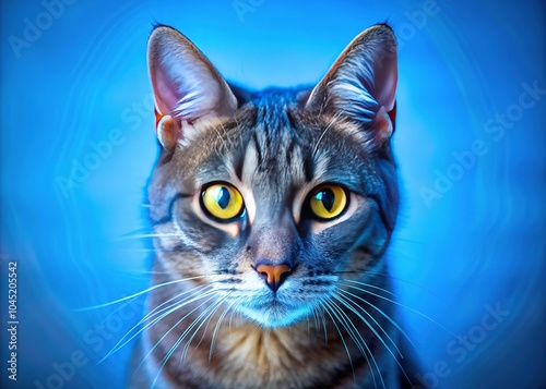 Blue Background Cat with Yellow Eyes - Copy Space for Text