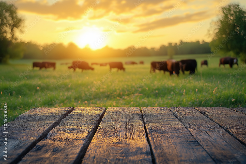 Fototapeta premium Empty wooden table in the field background with cows. For product display. 