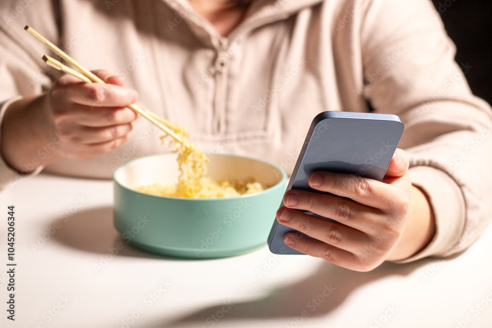 Woman chatting on smartphone while eating pasta indoors. Smartphone in hands. Female using smartphone at dinner time Woman chatting on smartphone while eating pasta indoors. Smartphone in hands. Female using smartphone at dinner time
