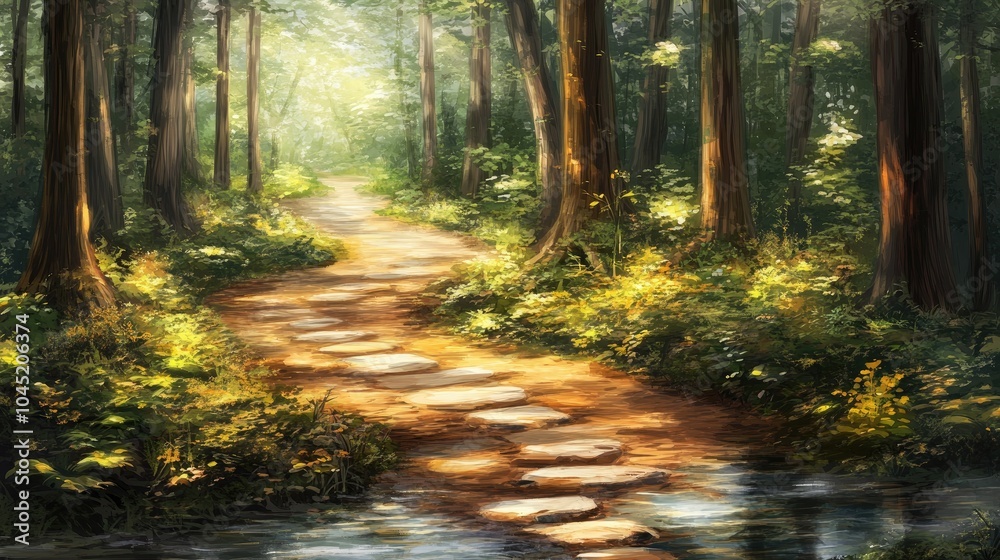 Obraz premium Serene Winding Path Through Lush Forest