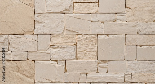 Matte cream stone wall background pale cream stones with smooth even texture and small cracks photo