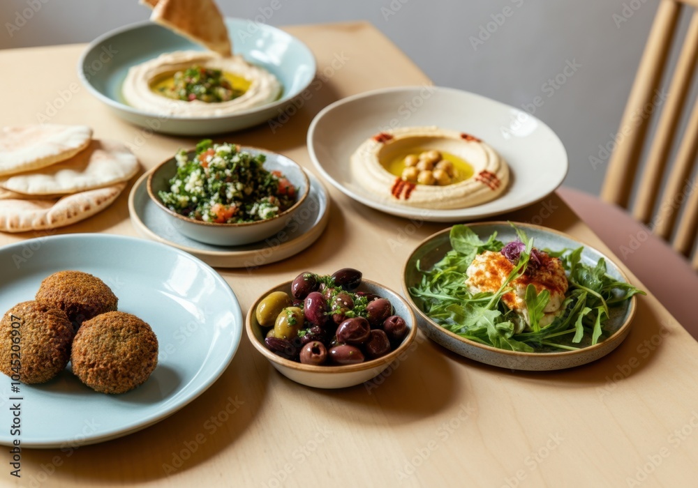 Light wooden or marble table with plates of Mediterranean dishes: pita, hummus, falafel, olives Light wooden or marble table with plates of Mediterranean dishes: pita, hummus, falafel, olives