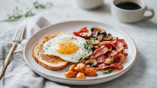 This hearty English breakfast features a perfectly fried egg, crispy bacon, sautéed mushrooms, and roasted tomatoes, served with toasted bread and coffee, creating a satisfying start to the day