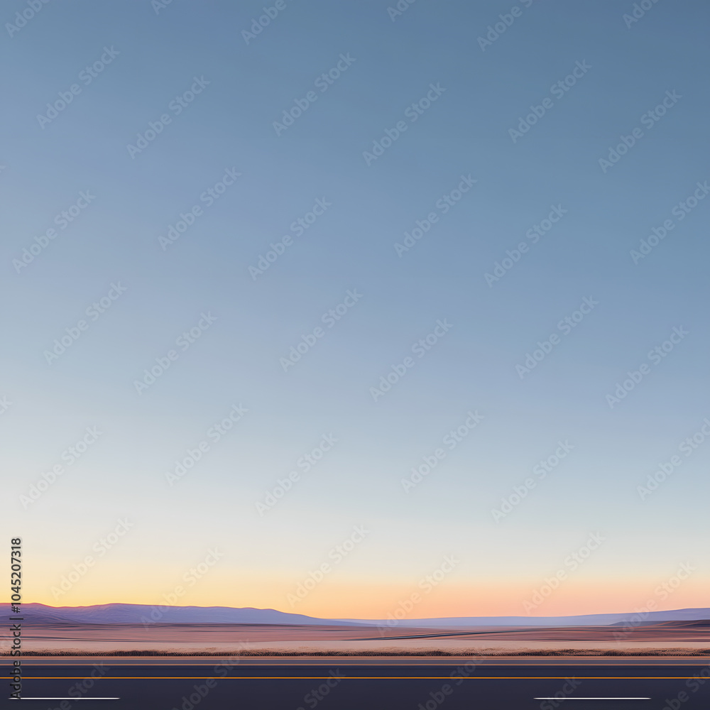 Fototapeta premium American desert highway with clean blue sky with sunset. Road side is visible at the bottom of the image