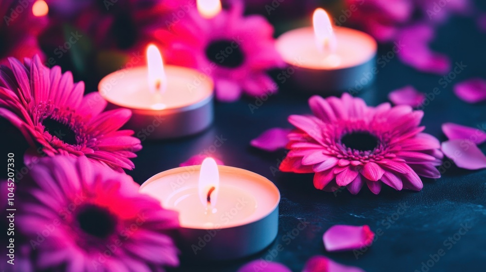 A serene arrangement of glowing candles amidst colorful flowers, creating a warm and inviting atmosphere for relaxation. A serene arrangement of glowing candles amidst colorful flowers, creating a warm and inviting atmosphere for relaxation.