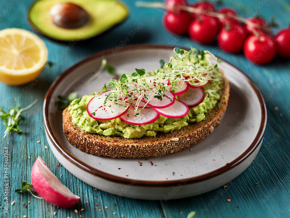 A trendy vegan avocado toast topped with radishes, microgreens, and chili flakes, served with cherry tomatoes and lemon ai. A trendy vegan avocado toast topped with radishes, microgreens, and chili flakes, served with cherry tomatoes and lemon ai.