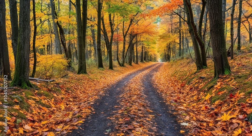 Naklejka premium Rustic autumn forest trail background a narrow trail covered in fallen autumn leaves
