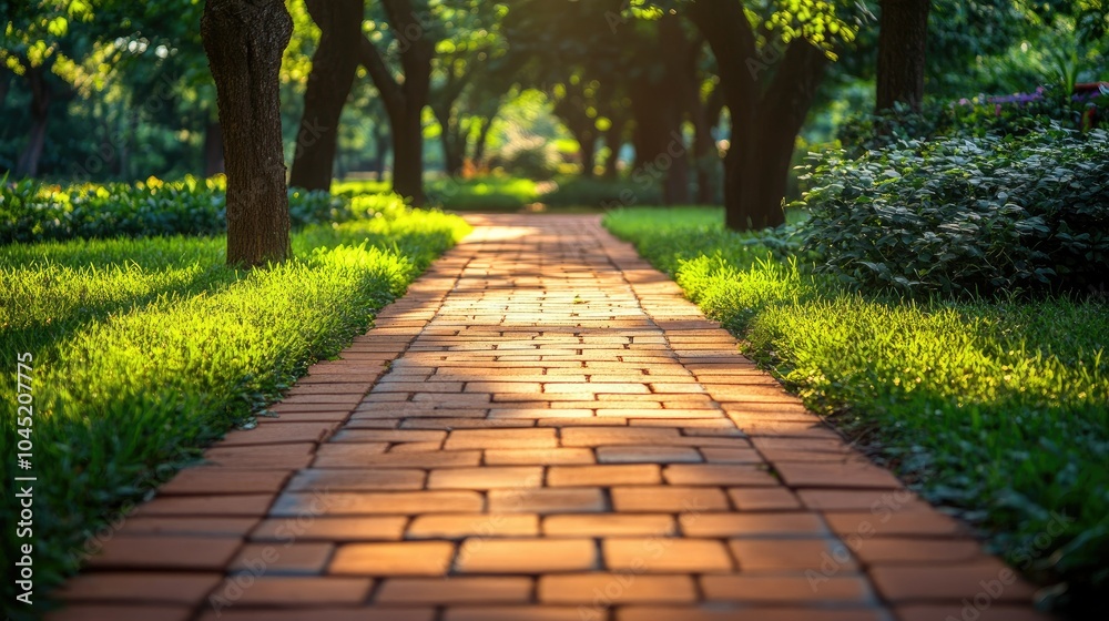 Enchanting Brick Walkway Surrounded by Lush Greenery Enchanting Brick Walkway Surrounded by Lush Greenery