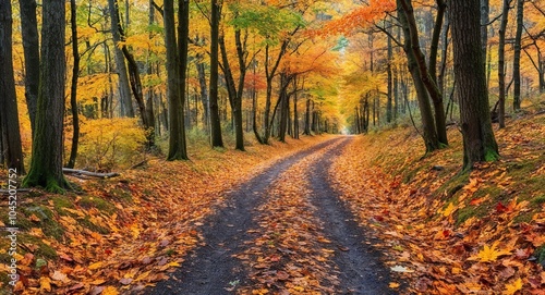 Rustic autumn forest trail background a narrow trail covered in fallen autumn leaves