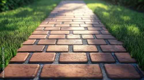 Enchanting Brick Walkway in a Lush Green Setting