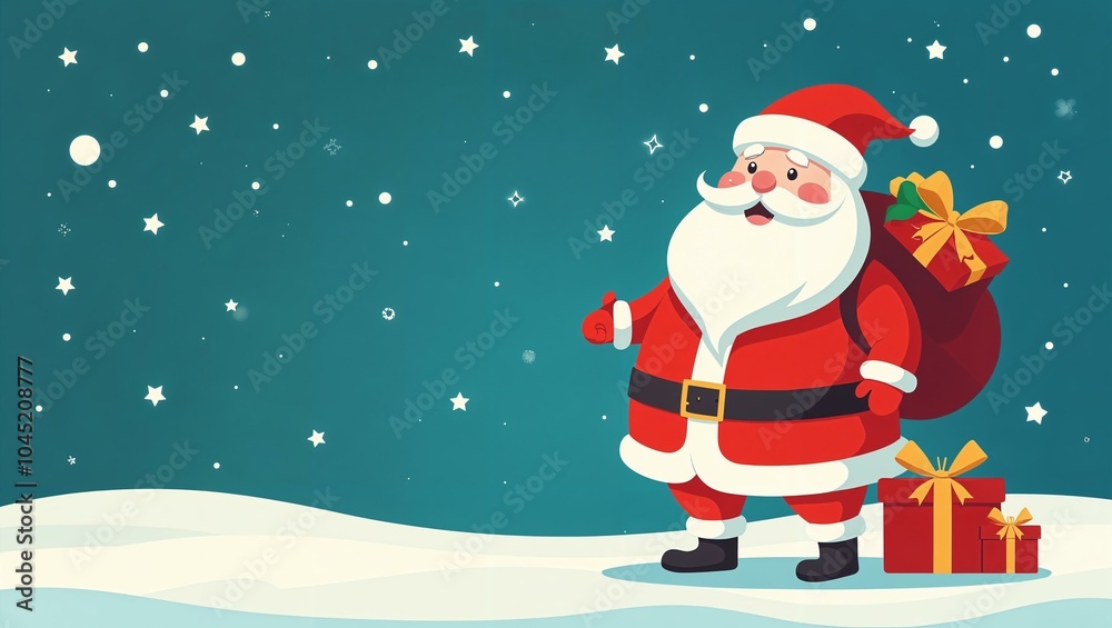 Happy Santa Claus with gifts on blue winter background with space for text. Christmas greeting card, New Year Happy Santa Claus with gifts on blue winter background with space for text. Christmas greeting card, New Year