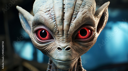 A close-up portrait of a gray-skinned alien with large, vibrant red eyes and a gentle smile, set against a softly lit background.