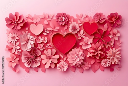 Valentine's Day card with hearts paper cut style on a pink background. with generative ai