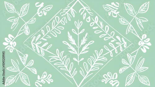 Wallpaper Mural A geometric spring background with thin white lines forming symmetrical patterns of flowers and leaves on a pastel green canvas Torontodigital.ca