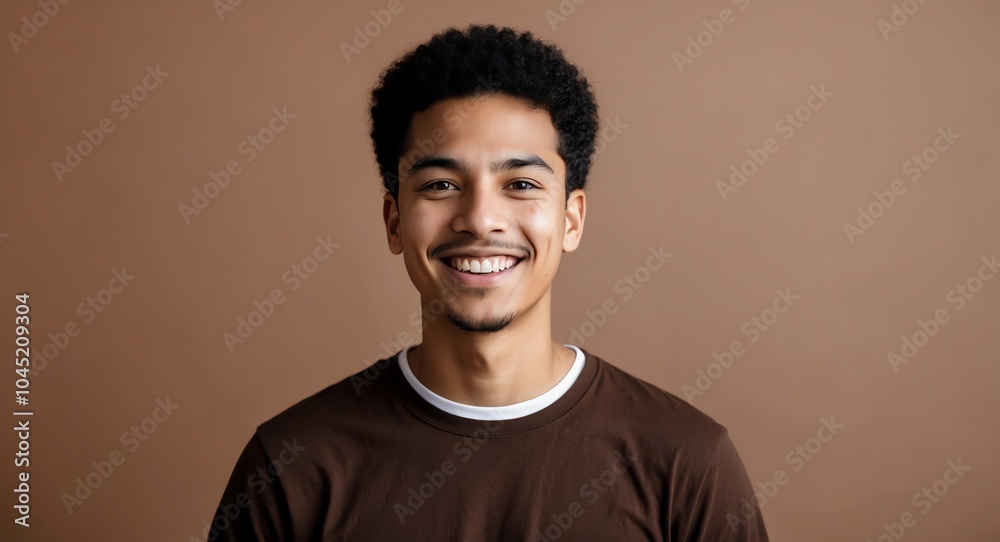 mixed race young man brown background wearing plain white tshirt smiling happy portrait mixed race young man brown background wearing plain white tshirt smiling happy portrait