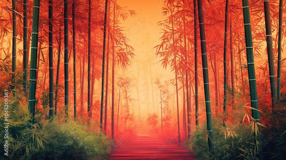 Obraz premium Tranquil Bamboo Grove with Warm Hues at Dusk