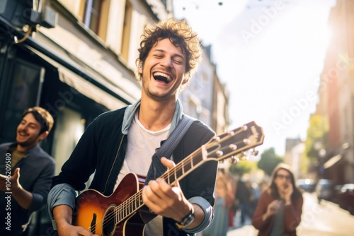 French man enjoying a band playing musician laughing guitar. photo