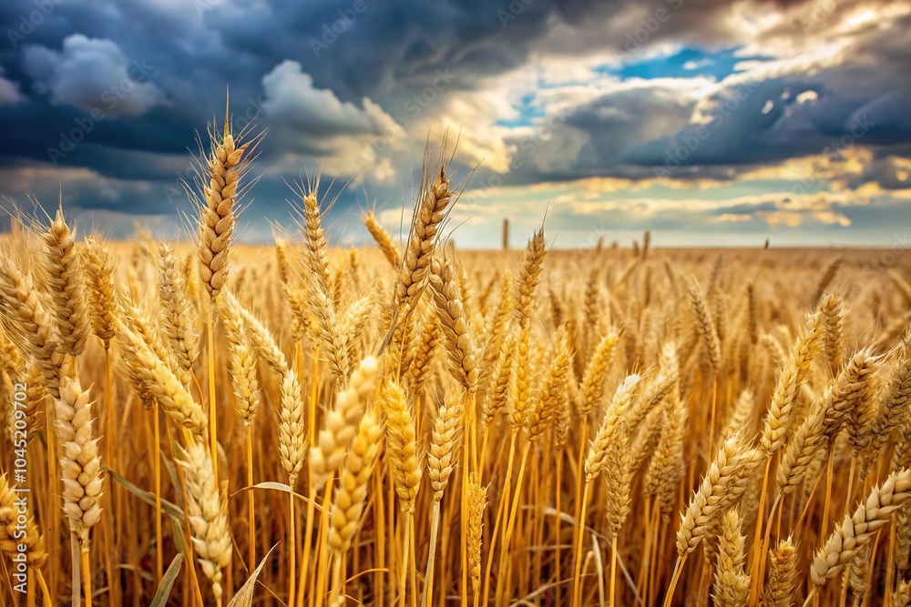 Fototapeta premium Field of asymmetrical wheat growing under a cloudy sky