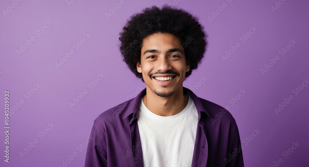 mixed race young man purple background wearing plain white tshirt smiling happy portrait mixed race young man purple background wearing plain white tshirt smiling happy portrait