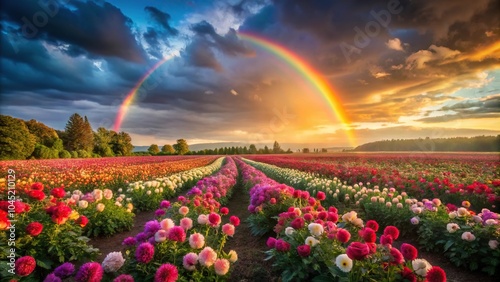 Field of dahlia flower at sunset with a rainbow in the sky