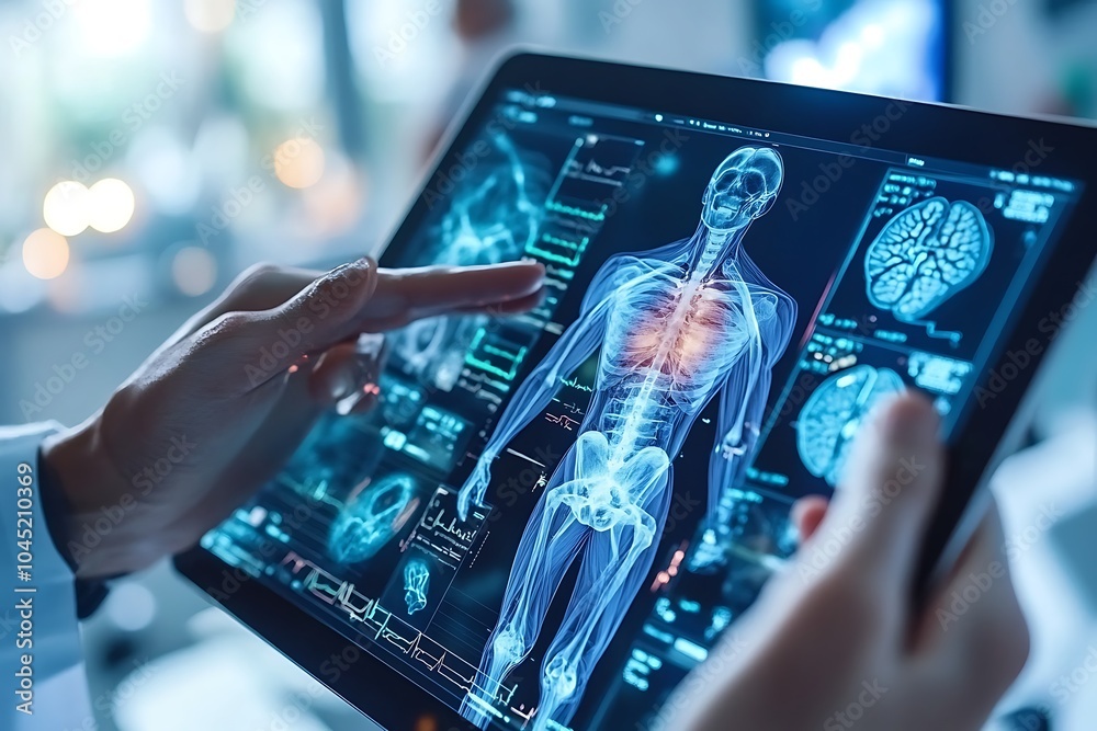Doctor Analyzing Digital Medical Data and Human Anatomy on Tablet Doctor Analyzing Digital Medical Data and Human Anatomy on Tablet