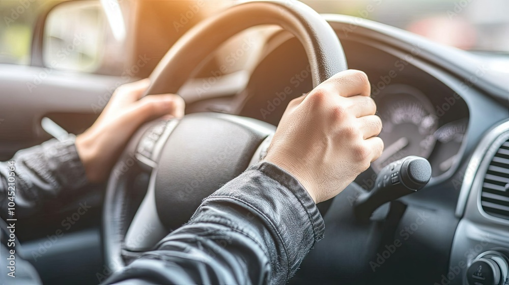 A close-up of both hands firmly gripping the steering wheel, the road ahead visible through the windshield on a bright, sunny day. A close-up of both hands firmly gripping the steering wheel, the road ahead visible through the windshield on a bright, sunny day.