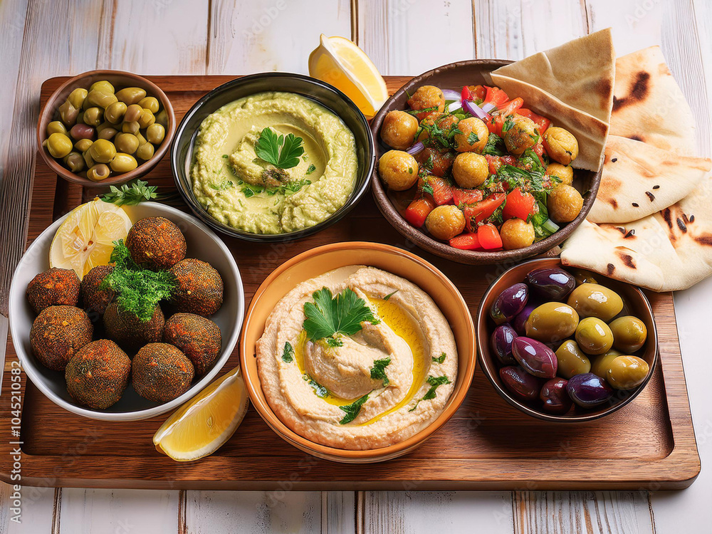 A colorful Mediterranean vegan platter with hummus, falafel, tabbouleh, stuffed grape leaves, pita, olives, and lemon wedges ai.