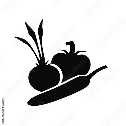 A black silhouette of various vegetables including an apple, carrot, and other produce items