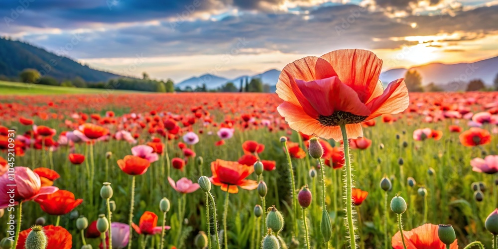 Fototapeta premium Field of poppy flowers in the valley of a farm