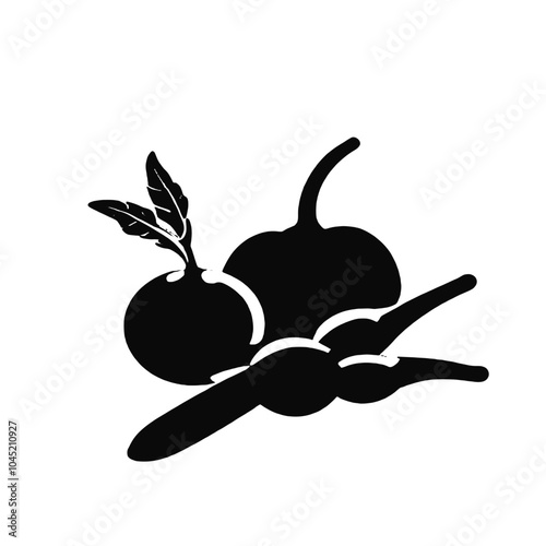 A black silhouette of various vegetables including an apple, carrot, and other produce items