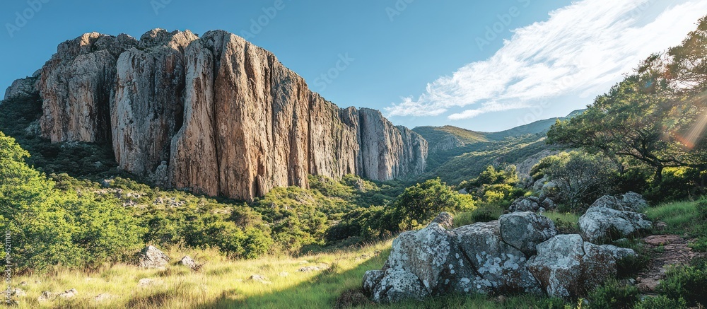 Obraz premium Majestic Cliffside Landscape in a Tranquil Mountain Valley