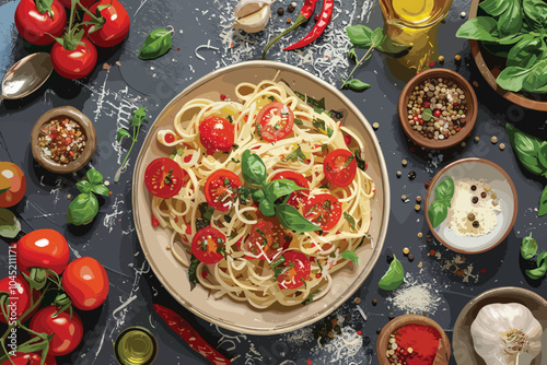 Italian pasta spaghetti with tomato sauce and herbs on a black plate a plate on a background of stone