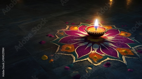 A colorful Diwali Rangoli design with a lighted lamp against a dark background, celebrating the festival of lights. photo