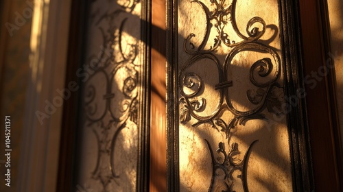 A close-up of the curved patterns on an iron door casting intricate shadows, enhanced by warm, soft lighting.