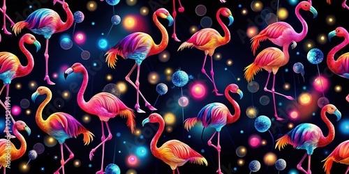 Colorful Flamingo Seamless Pattern Black Background - Tropical Bird Design photo