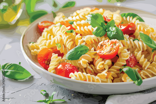 plate with screw pasta and tomato sauce with vegetables