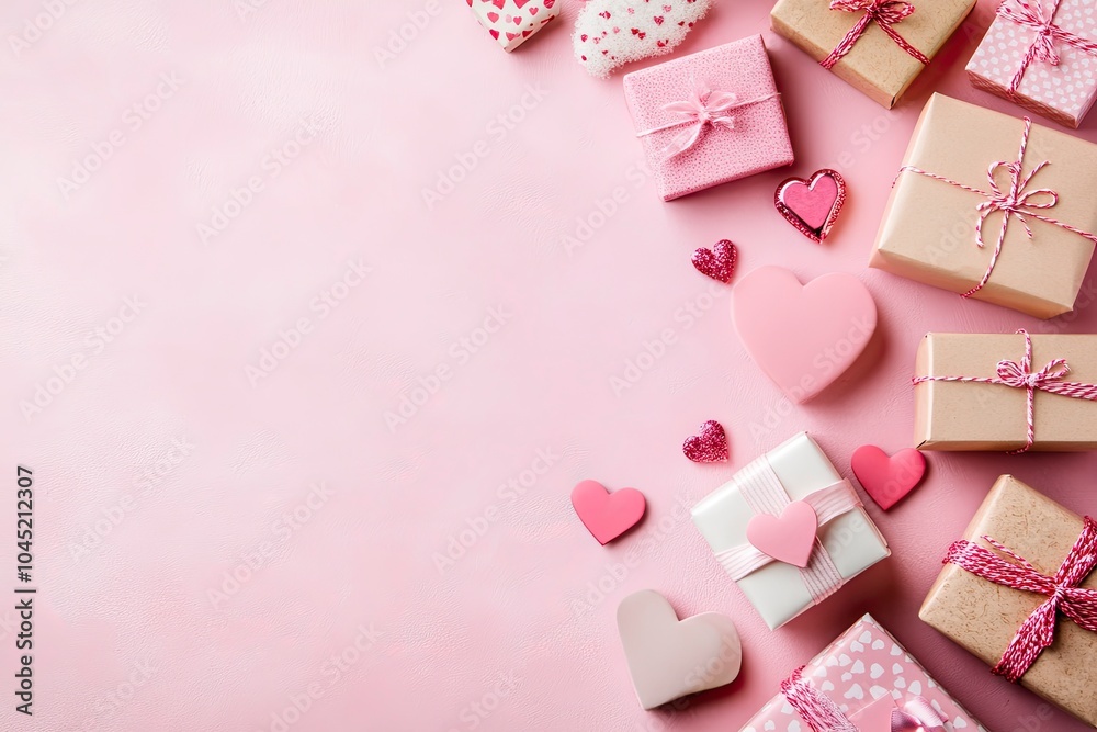 Valentine's Day flat lay composition with gift boxes and hearts on pastel pink background. Flat lay, top view, copy space. with generative ai Valentine's Day flat lay composition with gift boxes and hearts on pastel pink background. Flat lay, top view, copy space. with generative ai