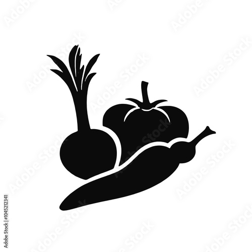 A black silhouette of various vegetables including an apple, carrot, and other produce items