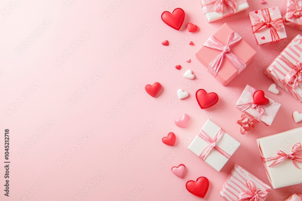 Valentine's Day flat lay composition with gift boxes and hearts on pastel pink background. Flat lay, top view, copy space. with generative ai Valentine's Day flat lay composition with gift boxes and hearts on pastel pink background. Flat lay, top view, copy space. with generative ai