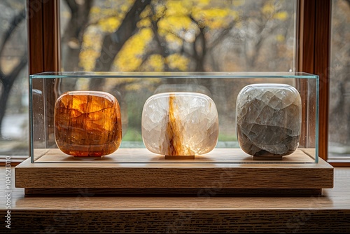 Elegant trio of polished stones encased in glass by a sunlit window