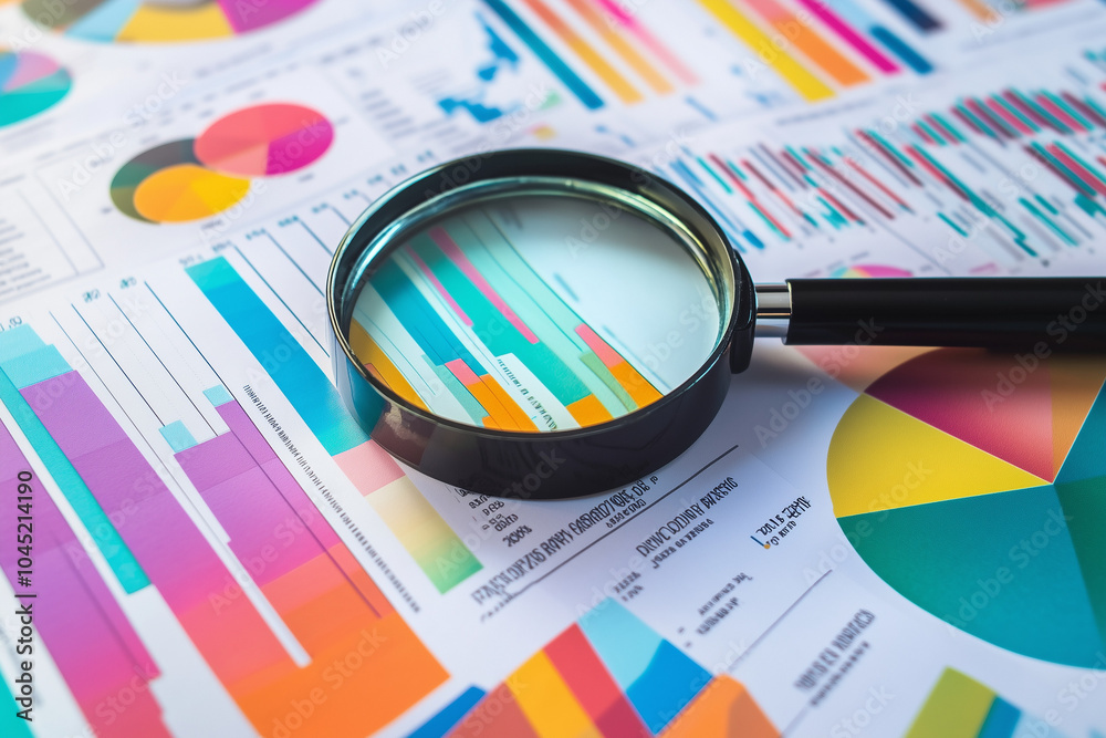 A detailed illustration of a magnifying glass hovering over a business report filled with charts, graphs, and data, with copy space. Bright, professional lighting. Clean and organized design A detailed illustration of a magnifying glass hovering over a business report filled with charts, graphs, and data, with copy space. Bright, professional lighting. Clean and organized design