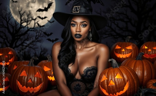 An alluring witch with a pointed hat and dark lips sits attractively among lit jack-o'-lanterns, enhancing the magical vibe of Halloween under a full moon. photo